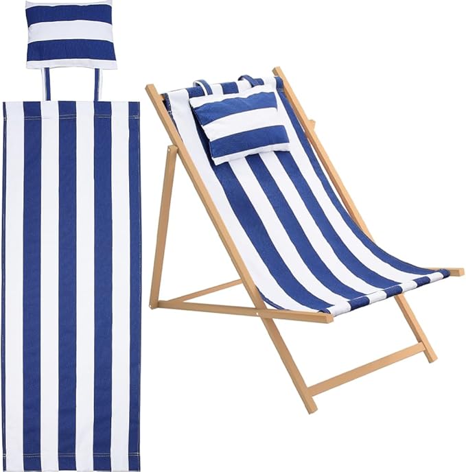 GORGECRAFT Beach Sling Chair Canvas Cloth with Pillow 44x17 Blue and White Stripes Casual Lounge Chair Replacement Canvas Outdoor Folding Chair Fabric for Patio Beach Sunbathing Garden Courtyard