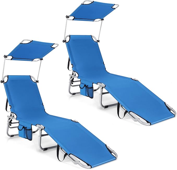 GYMAX Tanning Chair, Beach Lounge Chair with Canopy Sunshade, Carry Handle & Pocket, 5 Level Adjustable Layout Chaise Lounge for Outside, Folding Sunbath Chair for Outdoor, Patio, Poolside (2, Blue)