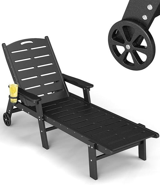 FOOWIN Chaise Lounge Chair，HDPE Lounge Chair Outdoor with 5 Positions,Oversized Pool Lounge Chairs with Rolling Wheels & Cup Holder for Poolside Deck Backyard,Black