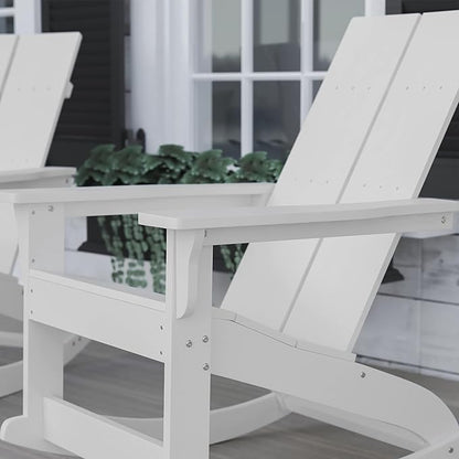 Flash Furniture Finn Modern Commercial Poly Resin Wood Adirondack Rocking Chair - All Weather White Polystyrene - Dual Slat Back - Stainless Steel Hardware - Set of 2