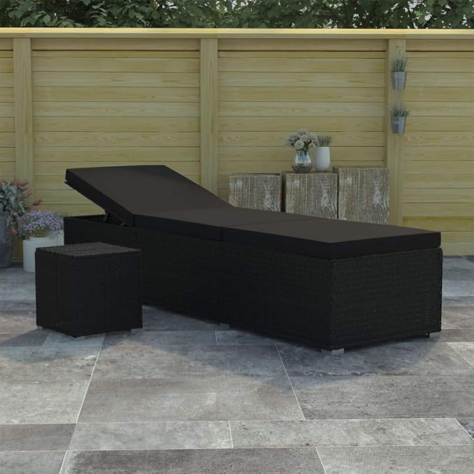 Sun Lounger with Cushion and Tea Table Poly Rattan Black Patio Chaise Lounge Outdoor Lounger for Pool Poolside - Photo 1