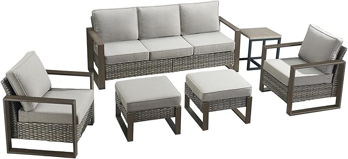Outdoor Wicker Patio Furniture Set - 6 Piece Patio Conversation Set with 2 Wicker Armrest Chairs,2 Rattan Ottoman,1 Side Table and 1 Couch,Sturdy Frame,Thick Cushions,Deep Seating(Mixed Grey/Grey)
