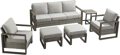 Outdoor Wicker Patio Furniture Set - 6 Piece Patio Conversation Set with 2 Wicker Armrest Chairs,2 Rattan Ottoman,1 Side Table and 1 Couch,Sturdy Frame,Thick Cushions,Deep Seating(Mixed Grey/Grey)