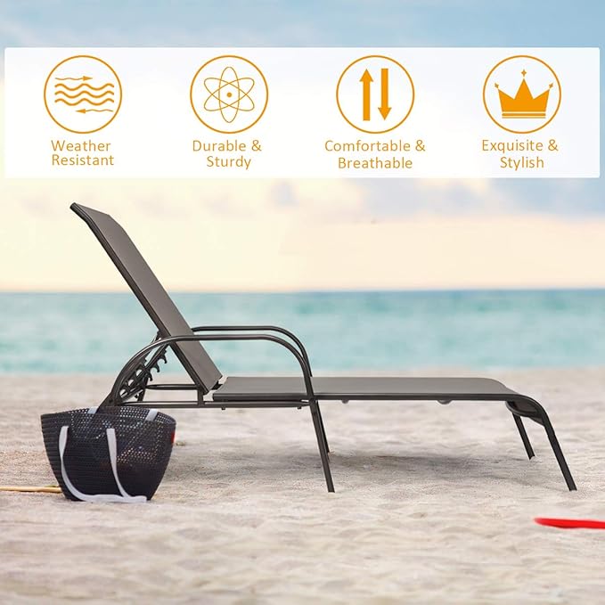 COSTWAY Outdoor Lounge Chairs Set of 2, Patio Chaise Lounge Recliner with Heavy Duty Steel Frame, 5-Position Adjustable Backrest for Deck, Beach, Pool (2, Brown)