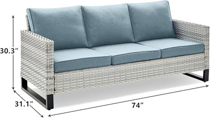 Rilyson Wicker Outdoor Couch Patio Sofa - 3 Seater Rattan Outdoor Patio Couch with Waterproof Wicker,Comfortable Cushions and Sturdy Metal Frame for Outside Porch Deck Backyard(Light Grey/Sky Blue)