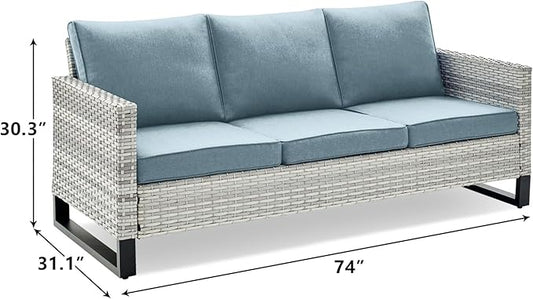 Rilyson Wicker Outdoor Couch Patio Sofa - 3 Seater Rattan Outdoor Patio Couch with Waterproof Wicker,Comfortable Cushions and Sturdy Metal Frame for Outside Porch Deck Backyard(Light Grey/Sky Blue)