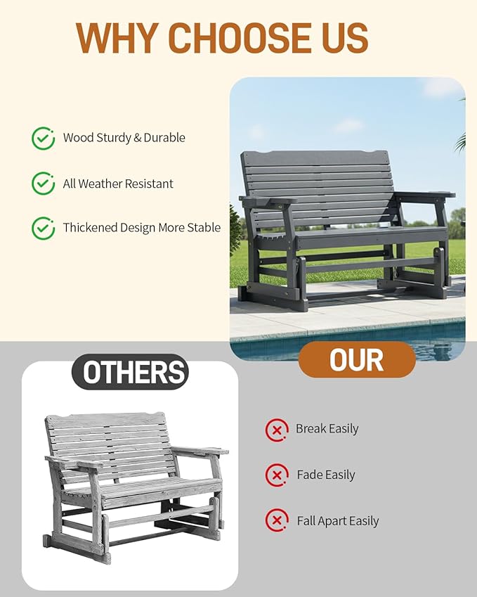 Outvita Patio Glider with Cup Holders, Wooden Outdoor Glider Bench with High Roll Back & Deep Contoured Seat, Smooth Porch Glider Loveseat Heavy Duty 800 Lbs, Gray