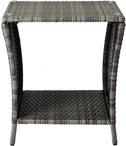 Wicker Rattan Side Table, Outdoor Square Rattan Coffee End Table with Tempered Glass Top and Storage for Patio Porch Lawn (Gray)