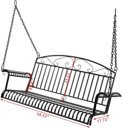 Porch Swing Hanging Bench Metal Porch Swing Outdoor Patio Furniture Iron Swing Chair Heavy Duty Steel Black Porch Swing Hanging Chair Porch Swings for Garden, Yard, Deck, Backyard(Not Included Stand)