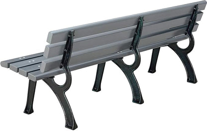 Global Industrial 6'L Outdoor Park Bench with Backrest, Recylced Plastic Slats, Wrought Iron Frame, 1985 lbs Capacity, Gray, Surface Mount, Easy Assembly
