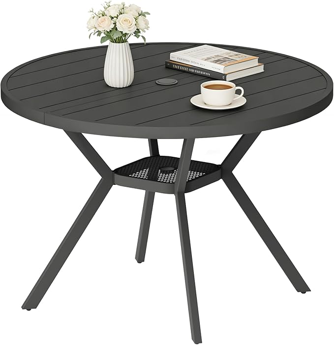 42" Outdoor Patio Table Dining Table, All Weather Metal Round Patio Table with Adjustable Umbrella Hole - Photo 1