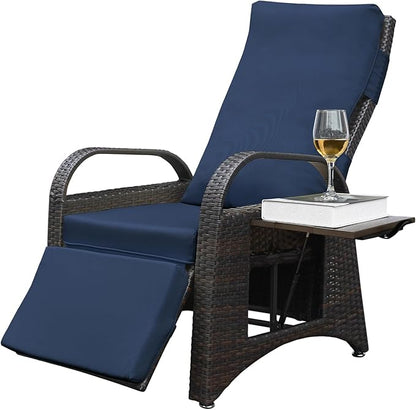 ATR ART TO REAL Outdoor Recliner Chairs, PE Wicker Reclining Lounge Chair with Removable Soft Cushion, Adjustable Outside Recliners for Patio, Porch, Poolside, Balcony, Lawn (Navy Blue, 2 PCS)