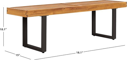 SAFAVIEH Outdoor Collection Monti Natural/Black Iron Legs Solid Wood Slatted Bench
