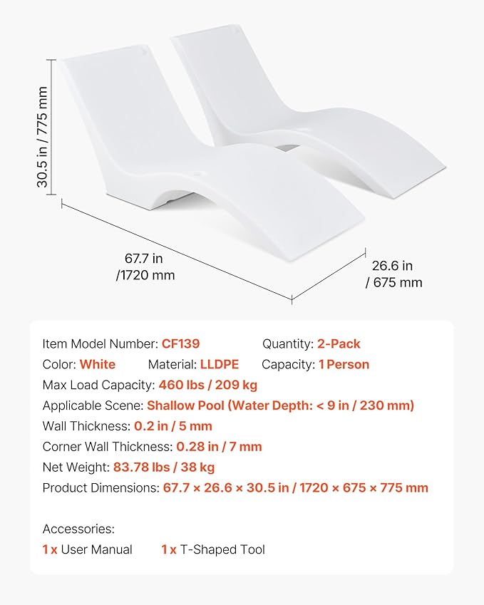 VEVOR Pool Lounge Chairs, Set of 2 Chaise Lounger, Water Weighted in-Pool Lounger Chairs for up to 9" Water Depths, Anti-Floating Patio Furniture with Cup Phone Holders for Sun Shelf & Tanning Ledge