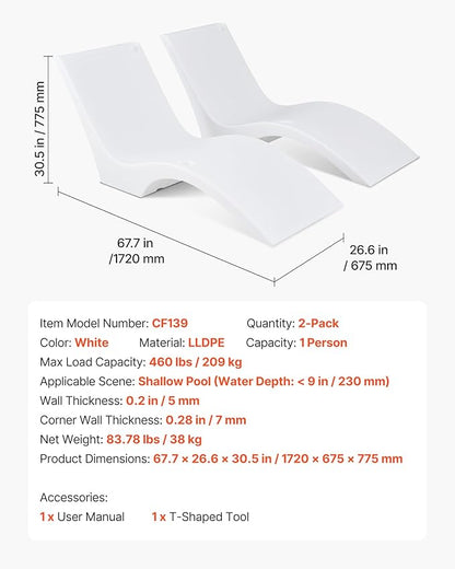 VEVOR Pool Lounge Chairs, Set of 2 Chaise Lounger, Water Weighted in-Pool Lounger Chairs for up to 9" Water Depths, Anti-Floating Patio Furniture with Cup Phone Holders for Sun Shelf & Tanning Ledge