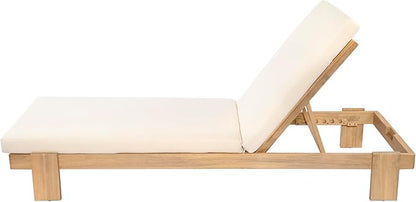 Christopher Knight Home Duska Acacia Wood Chaise Lounge Chair Outdoor, Patio Outdoor Chaise Lounge with Cushions, Adjustable Backrest Single Lounge Sofa, Poolside Seating, Teak+Beige