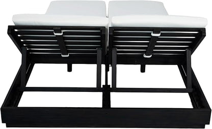 Christopher Knight Home Toridan Double Chaise Lounge Outdoor with Cushion, Acacia Wood Patio Chaise Lounge Set of 2, Adjustable Backrest Poolside Sun Lounger, Wood Sunbathing Chair, Black+White