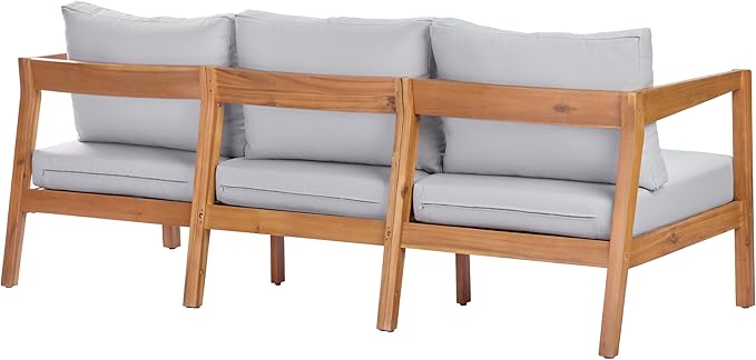 Merax 76.38" Acacia Solid Wood 3-Seater Outdoor Patio Sofa, Teak Finish with Beige Cushions - Photo 5