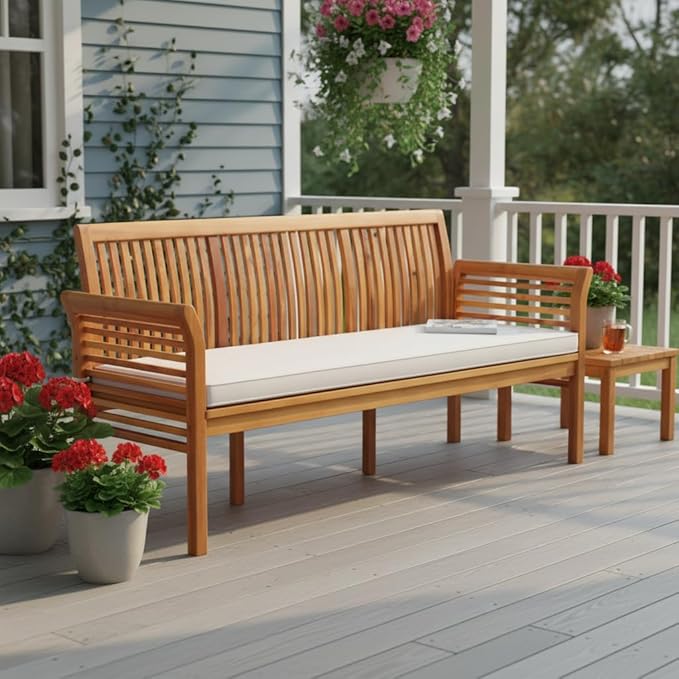 Tangkula 3-Seat Patio Acacia Wood Bench with Cushion, 62.5” Extra Long Outdoor Chair with Dense Slatted Backrest & Armrests, 1200 lbs Weight Capacity, Outside Bench for Yard, Balcony, Porch & Garden