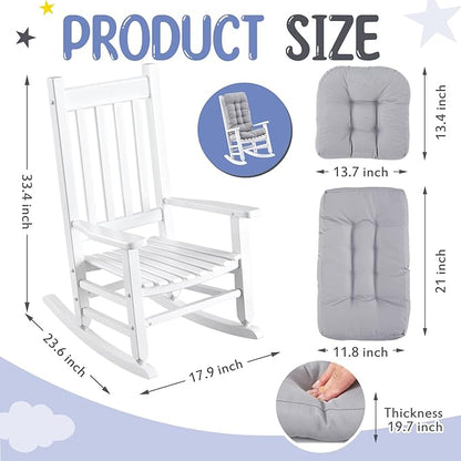 Kids Rocking Chair Cushion Pad Set Toddler Rocking Chair Indoor Outdoor Wooden Rocker Child Patio Rocker for Porch Balcony Lawn Indoor Outdoor(White,Ages 6-10)