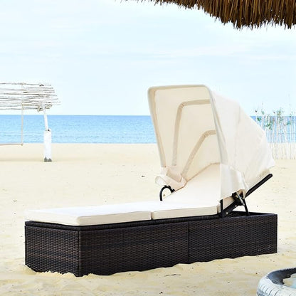 RELAX4LIFE Rattan Chaise Lounge Chair - PE Wicker Reclining Lounger with 5-Position Adjustable Backrest, Retractable Canopy, Side Table & Cushions, Sun Lounger for Garden, Porch & Beach (1, White)