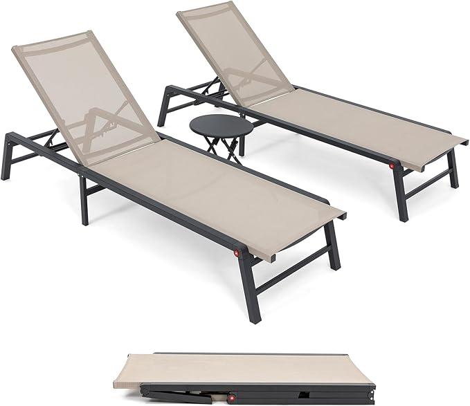 Aluminum Chaise Lounge Outdoor, Foldable & Assemble-Free Lounge Chair Outdoor 2 Sets with Foldable Table, Lounge Chair with 5 Adjustable Backrest, Poolside, Beach, Pool, Beige