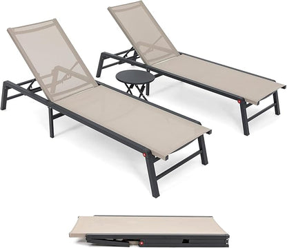 Aluminum Chaise Lounge Outdoor, Foldable & Assemble-Free Lounge Chair Outdoor 2 Sets with Foldable Table, Lounge Chair with 5 Adjustable Backrest, Poolside, Beach, Pool, Beige