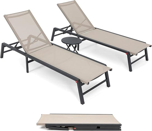Aluminum Chaise Lounge Outdoor, Foldable & Assemble-Free Lounge Chair Outdoor 2 Sets with Foldable Table, Lounge Chair with 5 Adjustable Backrest, Poolside, Beach, Pool, Beige