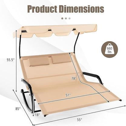 Tangkula 2 Person Lounge Chair with Adjustable Canopy, Outdoor Chaise Lounge with 2 Detachable Pillows and Wheels, Extra Large Double Patio Hammock Bed Swing for Backyard, Poolside