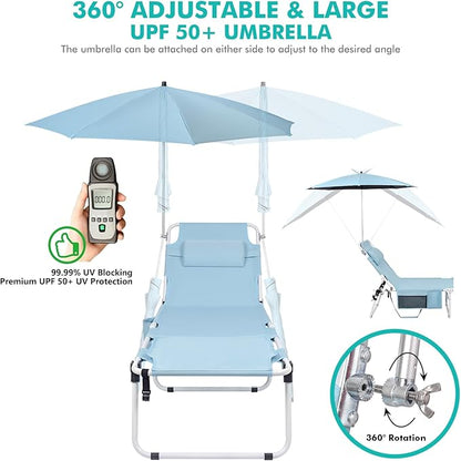 Tanning Chair with Umbrella UPF 50+ Adjustable, Heavy Duty Folding Chaise Lounge Outdoor, Lay Flat 5-Position Recliner for Sun Outside Sunbathing Reading Beach Pool Lawn, 300LBS