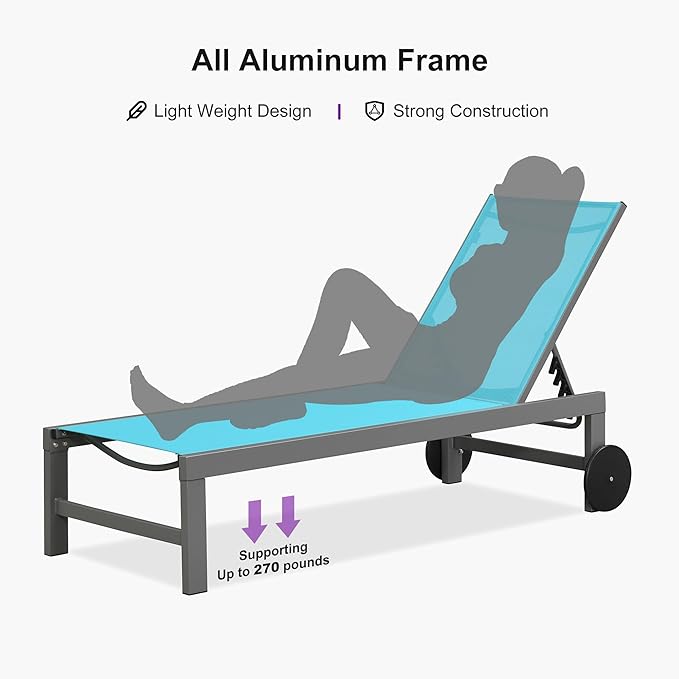 PURPLE LEAF Outdoor Lounge Chair Set for 2 Patio Chaise Lounger with Aluminum Frame and Wheels All-Weather Pool Lounge Chairs for Outside Garden Yard Poolside Table Included, Blue