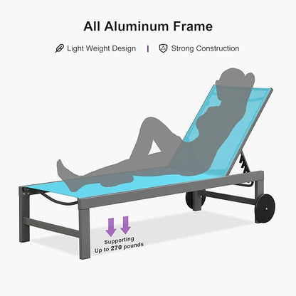 PURPLE LEAF Outdoor Lounge Chair Set for 2 Patio Chaise Lounger with Aluminum Frame and Wheels All-Weather Pool Lounge Chairs for Outside Garden Yard Poolside Table Included, Blue