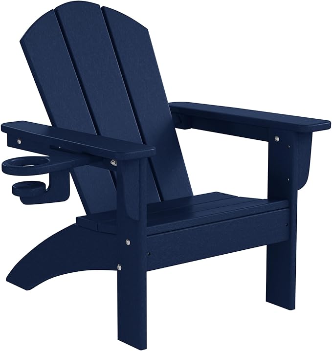 WestinTrends Malibu 3-Piece Kids HDPE Adirondack Chairs Set with Square Side Table and Cup Holders, Navy Blue