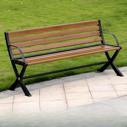 LITFAD Outdoor Bench Modern Park Bench with Corrosion Resistant Metal Frame, Red Brown Wooden Seating with Backrest, Garden Bench for Patio, Lawn, Yard, Porch - Type C, 71" L x 21" W x 28" H