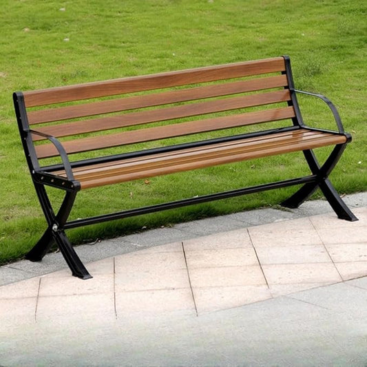 LITFAD Outdoor Bench Modern Park Bench with Corrosion Resistant Metal Frame, Red Brown Wooden Seating with Backrest, Garden Bench for Patio, Lawn, Yard, Porch - Type C, 59" L x 21" W x 28" H