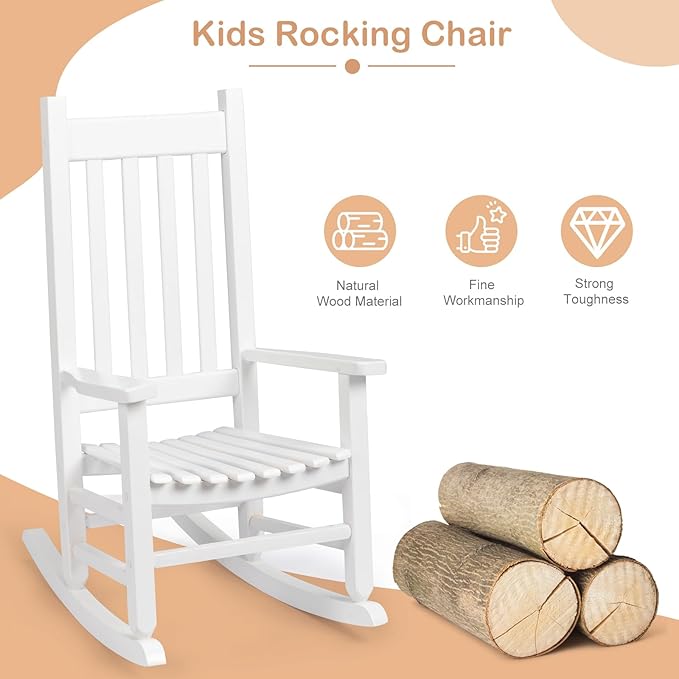 Outvita Wood Children's Rocking Chair, Perfect for Indoor or Outdoor All-Weather Wooden Porch Rocker for Garden, Yard, and Balcony, Patio Rocking Chair Suitable for Kids Ages 6-10(White)