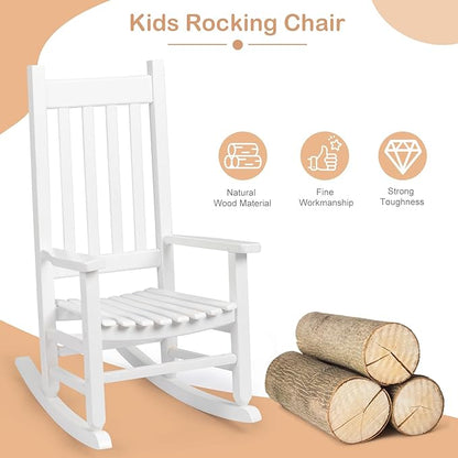 Outvita Wood Children's Rocking Chair, Perfect for Indoor or Outdoor All-Weather Wooden Porch Rocker for Garden, Yard, and Balcony, Patio Rocking Chair Suitable for Kids Ages 6-10(White)