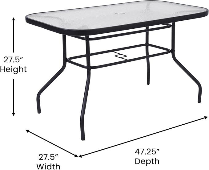 Flash Furniture Tory Rectangle Patio Table with Umbrella Hole, Commercial All-Weather Table with Heat Resistant Tempered Glass, Steel Tube Frame, 27.5x47.25, Black