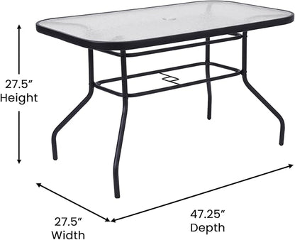 Flash Furniture Tory Rectangle Patio Table with Umbrella Hole, Commercial All-Weather Table with Heat Resistant Tempered Glass, Steel Tube Frame, 27.5x47.25, Black