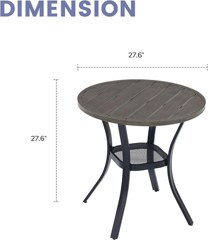 VICLLAX Small Patio Dining Table for 2, Round Metal Slatted Tabletop with Storage Shelf for Front Porch Lawn Garden, Antique Grey Tabletop(No Umbrella Hole)