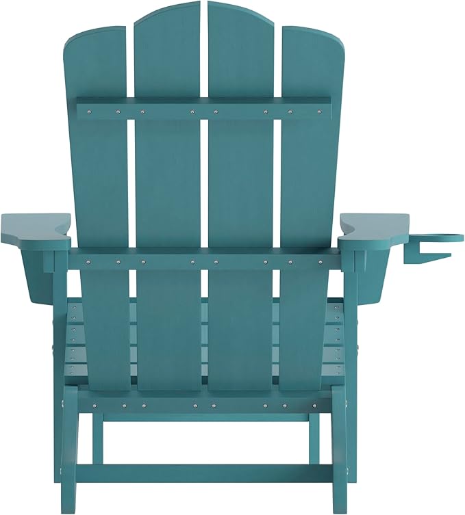 Flash Furniture Newport Poly Resin Adirondack Chair with Cup Holder and Pull Out Ottoman, All-Weather Poly Resin Indoor/Outdoor Lounge Chair, Blue