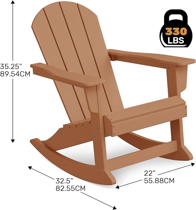 Costaelm Outdoor Adirondack Chair Set of 2, All Weather Resistant Classic Balcony Chair and Fire Pit Chairs, Adirondack Plastic Outdoor Porch Furniture Rocking Chair High Back HDPE Poly Lumber, Teak