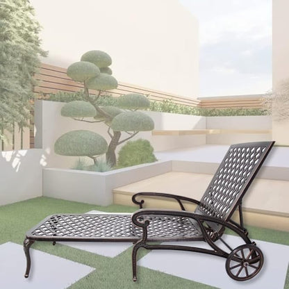 Chaise Outdoor Aluminum Lounge Chair with Wheels, 3-Position Adjustable Recliner Furniture Set for Poolside, Backyard and Patio (1pc, Antique Bronze)