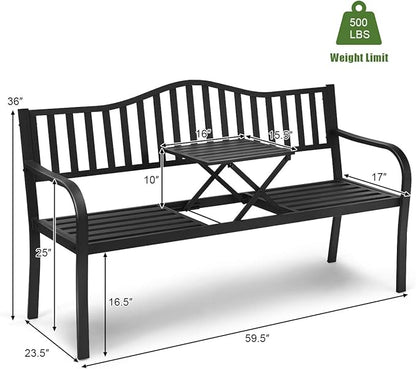 DORTALA Patio Garden Bench w/Steel Frame, Heavy-Duty Metal Park Bench, Outdoor Loveseat w/Foldable Middle Table, Ergonomic Backrest for Lawn, Porch, Path, Black