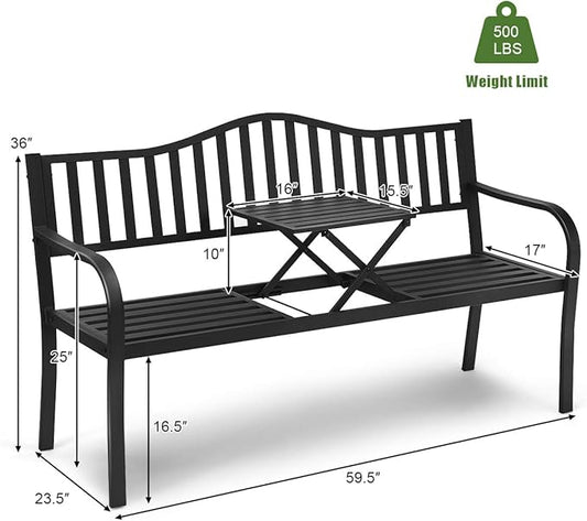 DORTALA Patio Garden Bench w/Steel Frame, Heavy-Duty Metal Park Bench, Outdoor Loveseat w/Foldable Middle Table, Ergonomic Backrest for Lawn, Porch, Path, Black