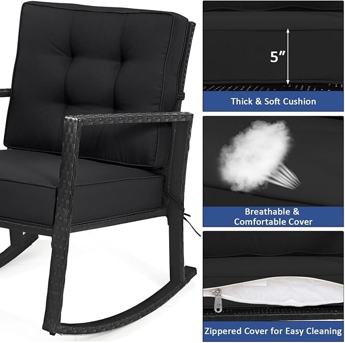 HAPPYGRILL Wicker Rocking Chair, Outdoor Patio Glider Chair with Heavy-Duty Frame, Thick Cushion, Rattan Rocking Chair for Backyard Garden Porch
