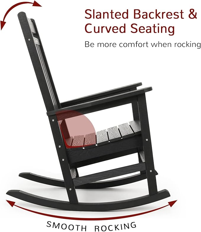 Stoog Patio Rocking Chair, All-Weather Porch Rocker, 400 lbs Weight Support, Never Fade or Rot, for Backyard, Fire Pit, Lawn and Garden, Black