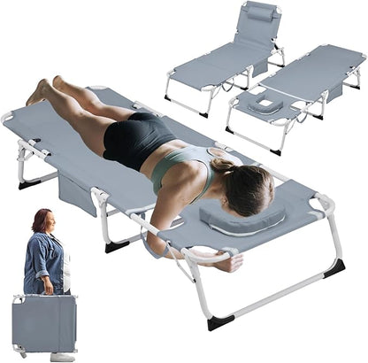 XMT 3-in-1 Tanning Chair with Face Hole for Outside, 5-Position Reclining & Head Cushion – Portable Folding Beach Lounge Chairs for Pool, Lawn, Yard (Grey)