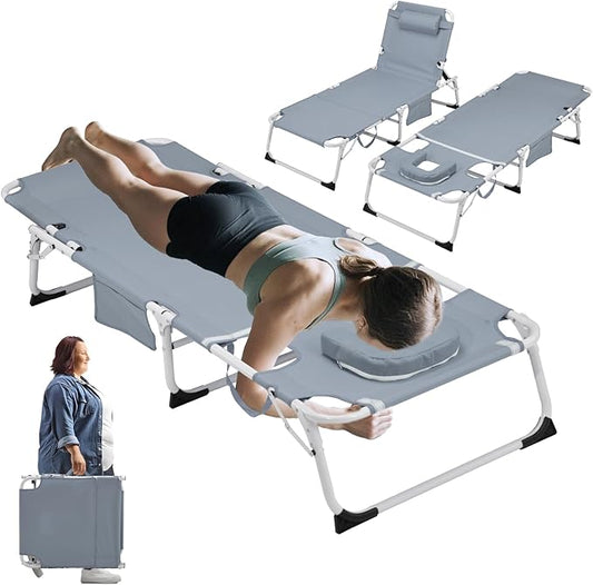 XMT 3-in-1 Tanning Chair with Face Hole for Outside, 5-Position Reclining & Head Cushion – Portable Folding Beach Lounge Chairs for Pool, Lawn, Yard (Grey)