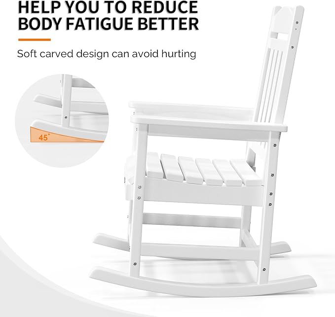 VINGLI Outdoor Rocking Chair, HDPE Rocking Chair with Higher Backrest, Patio Rocker with Ergonomic Design, All Weather Rocking Bench for Garden, Yard, Balcony, White